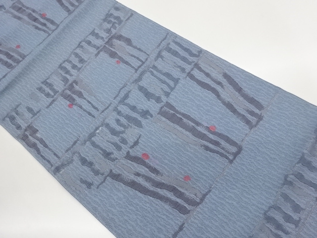 ふくれ織横段に抽象模様織出し名古屋帯